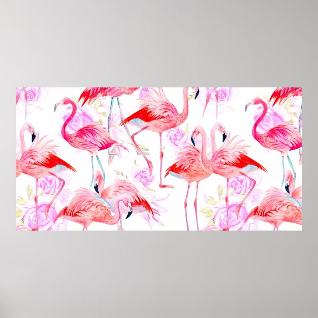 Seamless pattern watercolor roses with pink flamin poster (Front)