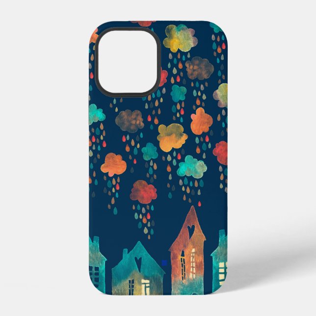 Seamless pattern with a town under the rainy cloud iPhone case (Back)