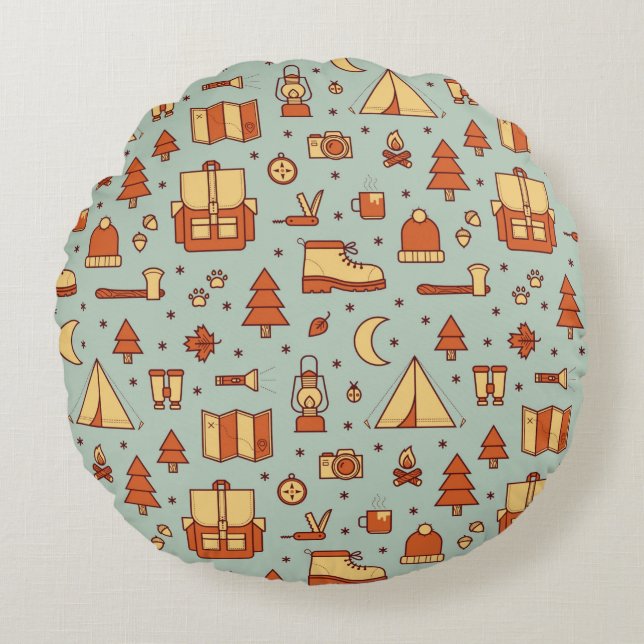 Seamless pattern with adventure travel icons.  round cushion (Front)