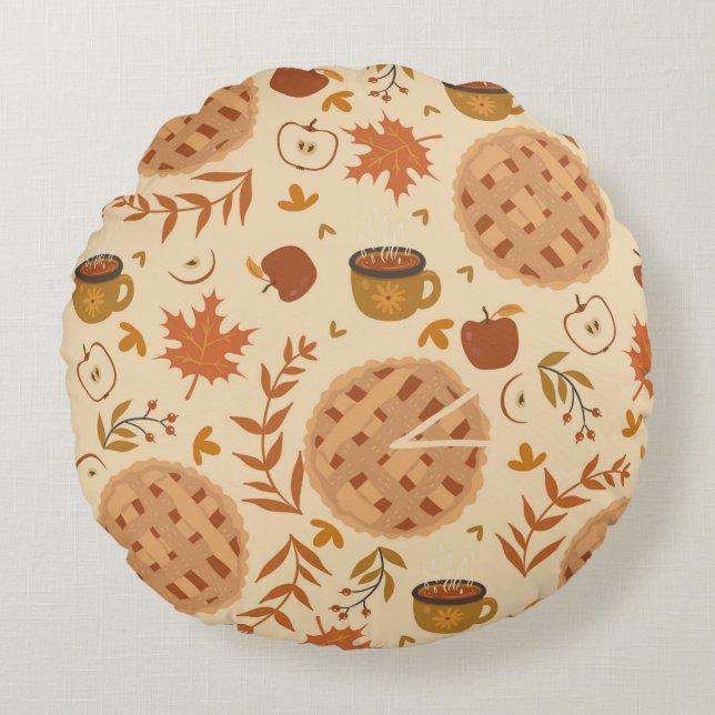 Seamless pattern with apple pie, apples and mugs.  round cushion (Front)