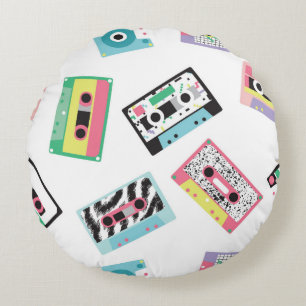 Seamless pattern with audio tapes in retro 80s sty round cushion