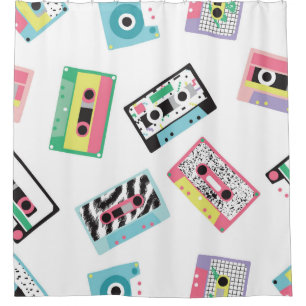 Seamless pattern with audio tapes in retro 80s sty shower curtain