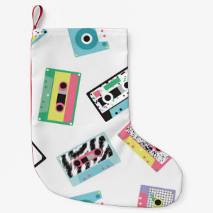 Seamless pattern with audio tapes in retro 80s sty small christmas stocking