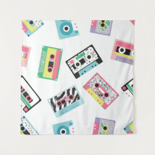 Seamless pattern with audio tapes in retro 80s sty tapestry