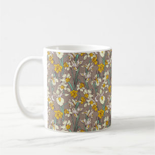 Seamless pattern with beautiful irises and narciss coffee mug
