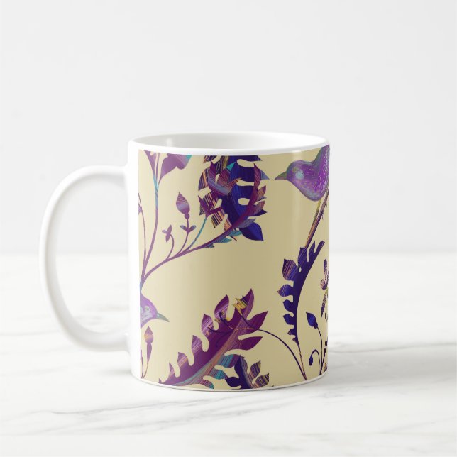 Seamless pattern with birds and branches with exot coffee mug (Left)
