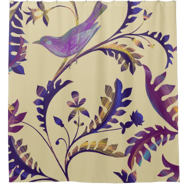 Seamless pattern with birds and branches with exot shower curtain (Front)