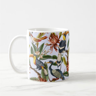 Seamless pattern with birds and tropical leaves an coffee mug