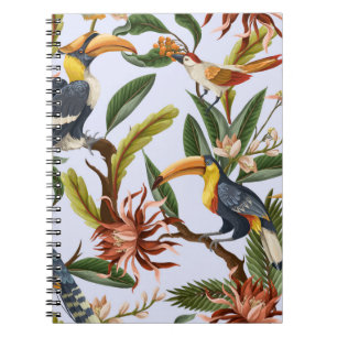 Seamless pattern with birds and tropical leaves an notebook