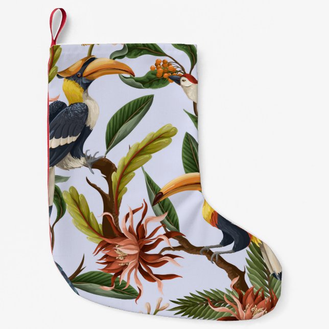 Seamless pattern with birds and tropical leaves an small christmas stocking (Front)