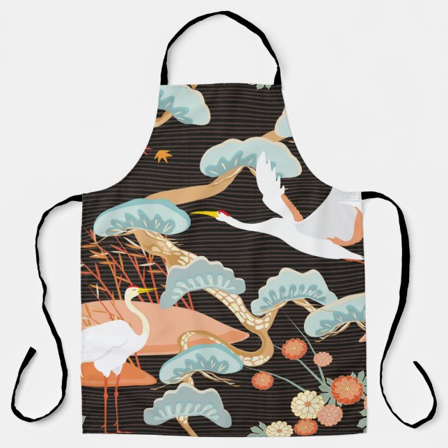 Seamless pattern with birds. Crane. Heron. Japanes Apron (Front)