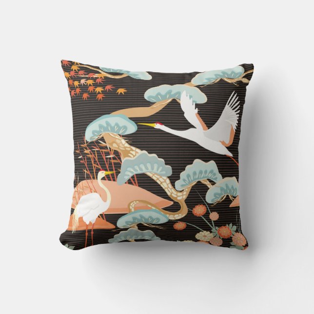 Seamless pattern with birds. Crane. Heron. Japanes Cushion (Front)