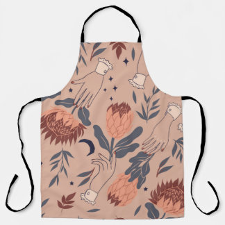 Seamless pattern with birds, protea flowers and ha apron
