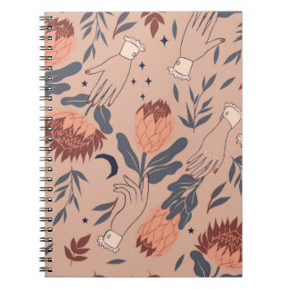 Seamless pattern with birds, protea flowers and ha notebook