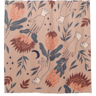Seamless pattern with birds, protea flowers and ha shower curtain
