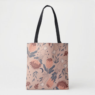 Seamless pattern with birds, protea flowers and ha tote bag