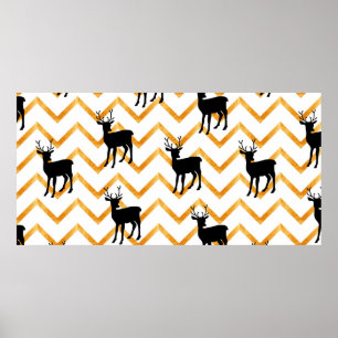 Seamless pattern with black deer and gold texture poster