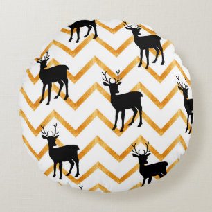 Seamless pattern with black deer and gold texture round cushion