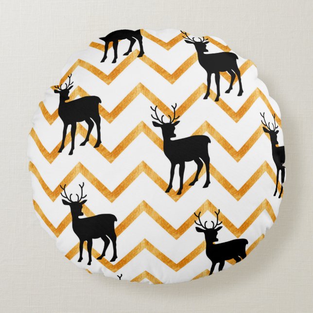 Seamless pattern with black deer and gold texture round cushion (Front)