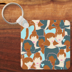 Seamless pattern with black girls and white girls key ring