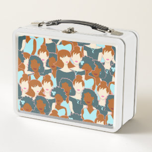 Seamless pattern with black girls and white girls metal lunch box