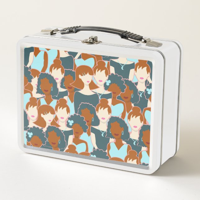 Seamless pattern with black girls and white girls metal lunch box (Front)