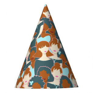 Seamless pattern with black girls and white girls party hat