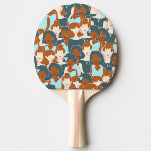 Seamless pattern with black girls and white girls ping pong paddle