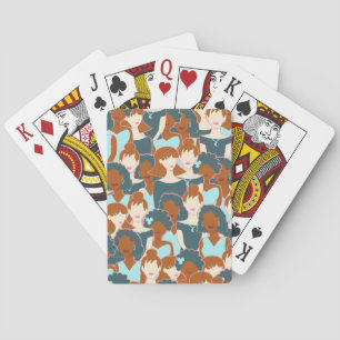 Seamless pattern with black girls and white girls playing cards
