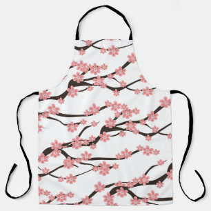 Seamless pattern with blooming cherry on a white b apron