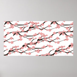 Seamless pattern with blooming cherry on a white b poster