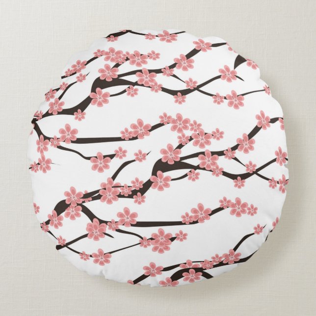 Seamless pattern with blooming cherry on a white b round cushion (Front)