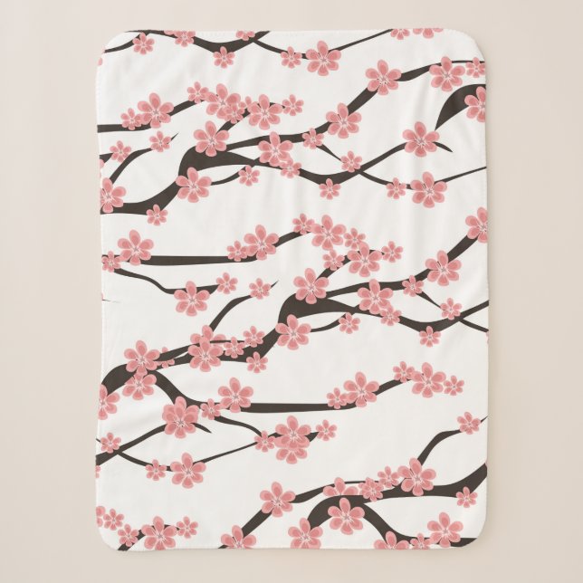 Seamless pattern with blooming cherry on a white b sherpa blanket (Front)