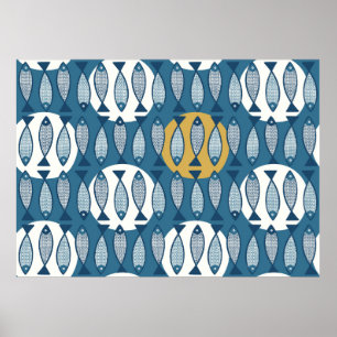 Seamless pattern with blue fish inspired by scandi poster