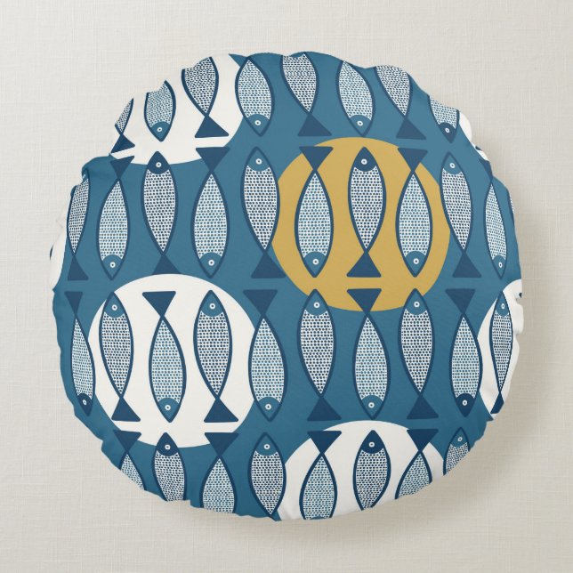 Seamless pattern with blue fish inspired by scandi round cushion (Front)