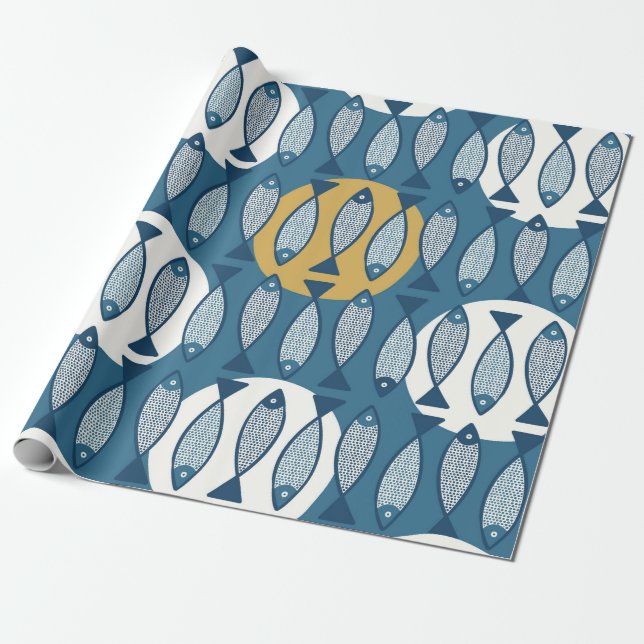 Seamless pattern with blue fish inspired by scandi wrapping paper (Unrolled)
