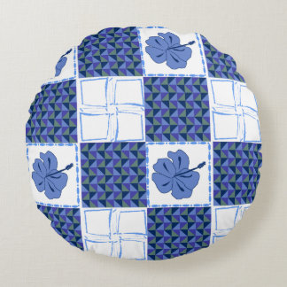 Seamless pattern with blue hand-drawn tropical round cushion