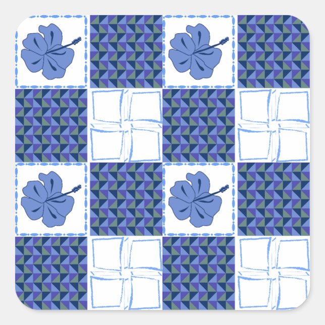 Seamless pattern with blue hand-drawn tropical square sticker (Front)