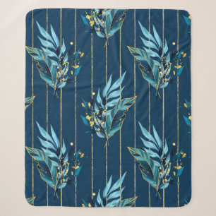 Seamless pattern with blue leaves and stripes sherpa blanket