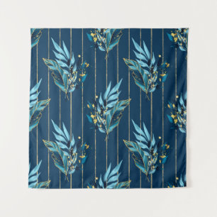 Seamless pattern with blue leaves and stripes tapestry