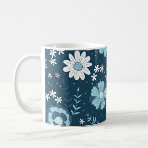 Seamless pattern with blue summer flowers on dark coffee mug