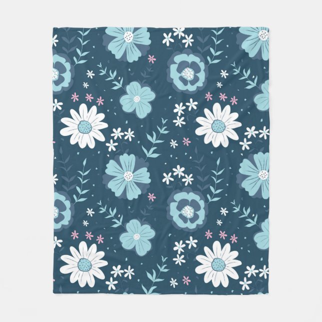 Seamless pattern with blue summer flowers on dark  fleece blanket (Front)