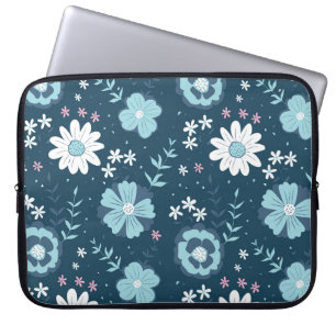 Seamless pattern with blue summer flowers on dark laptop sleeve