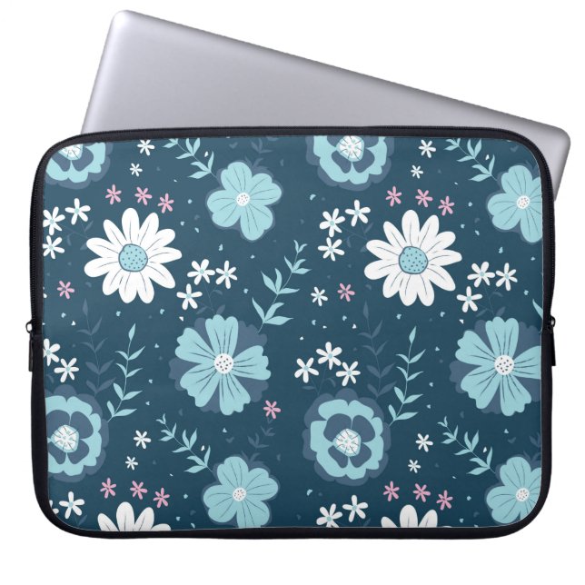 Seamless pattern with blue summer flowers on dark  laptop sleeve (Front)