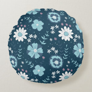 Seamless pattern with blue summer flowers on dark round cushion