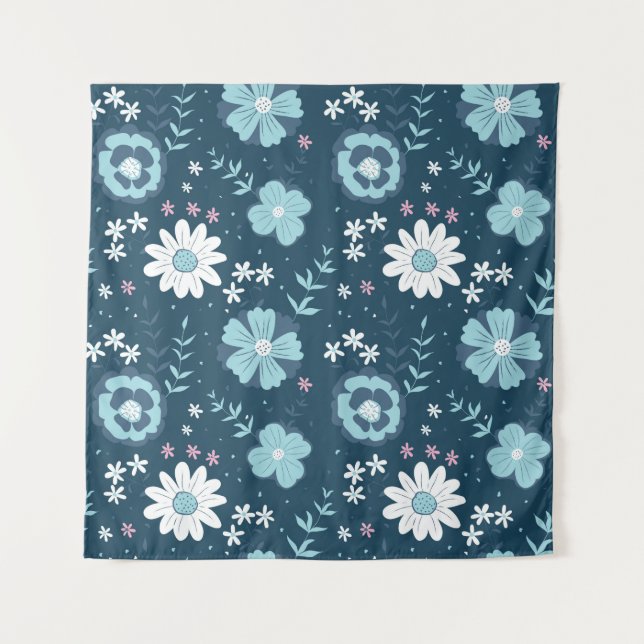 Seamless pattern with blue summer flowers on dark  tapestry (Front)