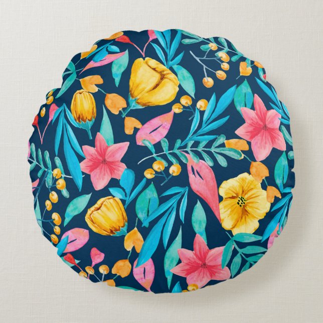 Seamless pattern with botanical elements. Watercol Round Cushion (Front)