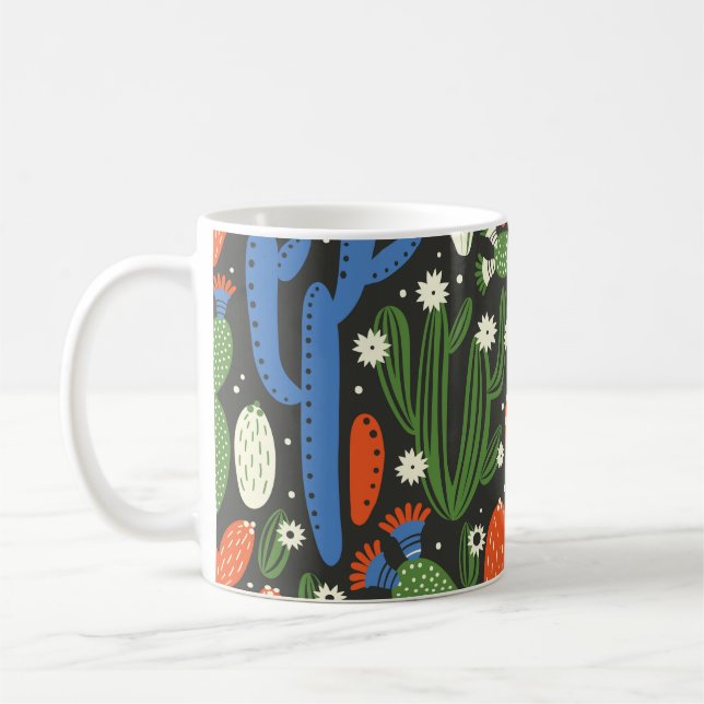 seamless pattern with cactus on black background.  coffee mug (Left)