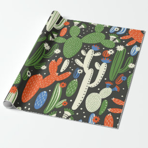 seamless pattern with cactus on black background.  wrapping paper