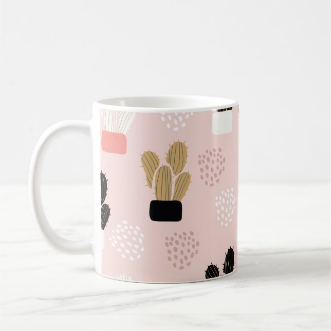 Seamless pattern with cactuses succulents leaves a coffee mug (Left)